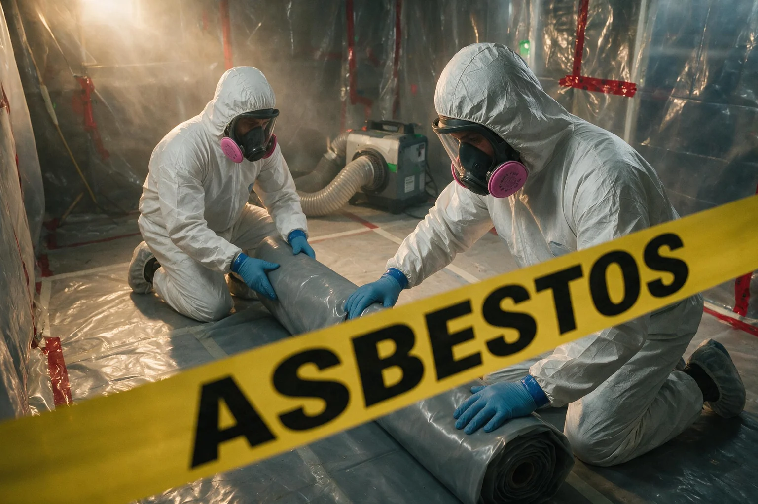 Abatement technicians working inside a sealed negative-pressure containment area